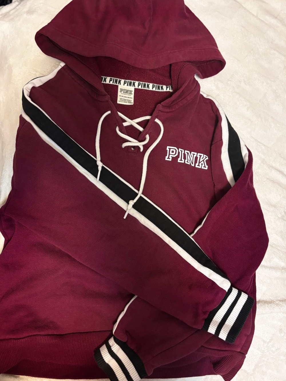 PINK Victoria's Secret Maroon Lace-Up Crewneck Hoodie with Stripes